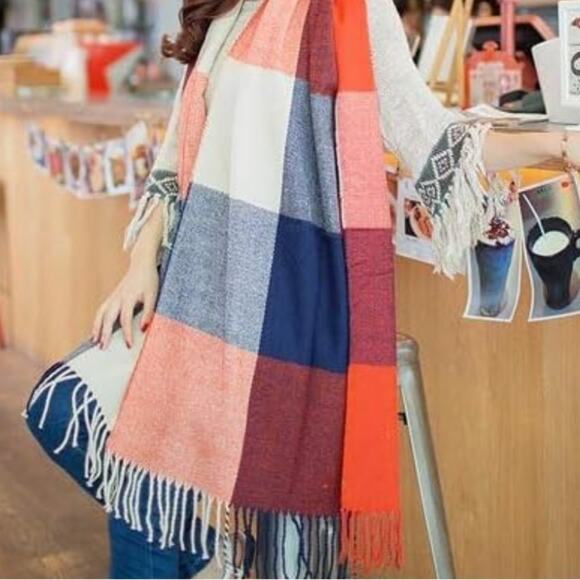 Tartan Plaid Knit Block Color Scarf Fringe Bottom Women’s Fall Winter Soft Cozy - Picture 4 of 5